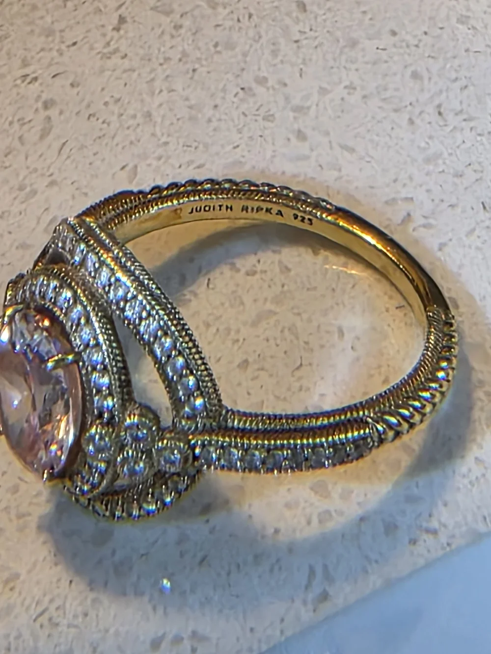 Judith Ripka Gold-Tone Ring with Pink Oval Center and Pavé Accents Size 9